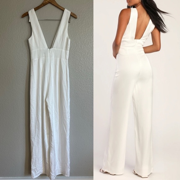 LIKE NEW Ultimate Allure Ivory Satin Wide-Leg Jumpsuit - Picture 3 of 9